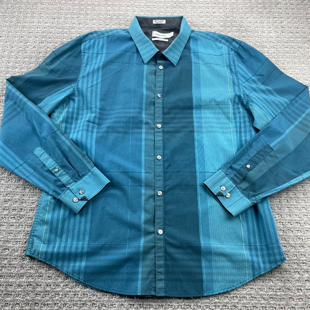 Calvin Klein Button Up Shirt Men XL Teal Blue Plaid Slim Fit Polo Long Sleeve